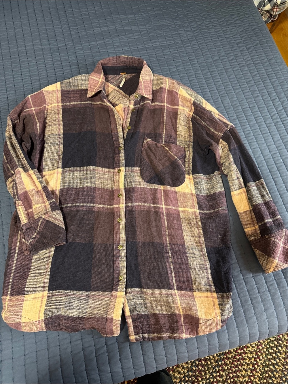 Free People Plaid Button-Up Shirt in Burgundy, Navy & Cream